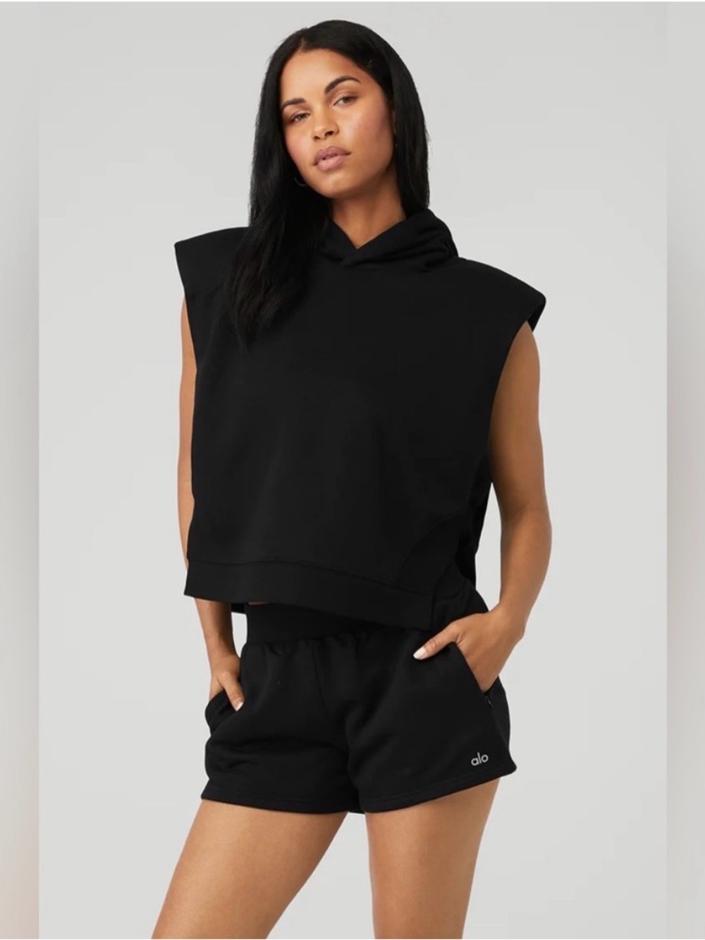 ALO Crop Headliner Shoulder Pad Sleeveless Coverup Hoodie Sweatshirt Black S/M?